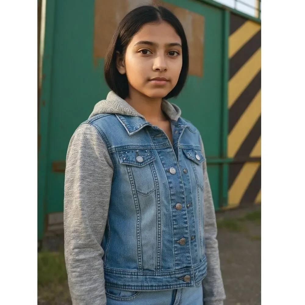 Justice Girls Denim & Thermal Embellished Hooded Jacket - Size 8/10 VERY CUTE!